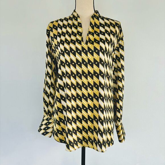 Joie Geometric Diamond Black Gold Print Pattern Split Neck Blouse Sz S - Picture 1 of 4
